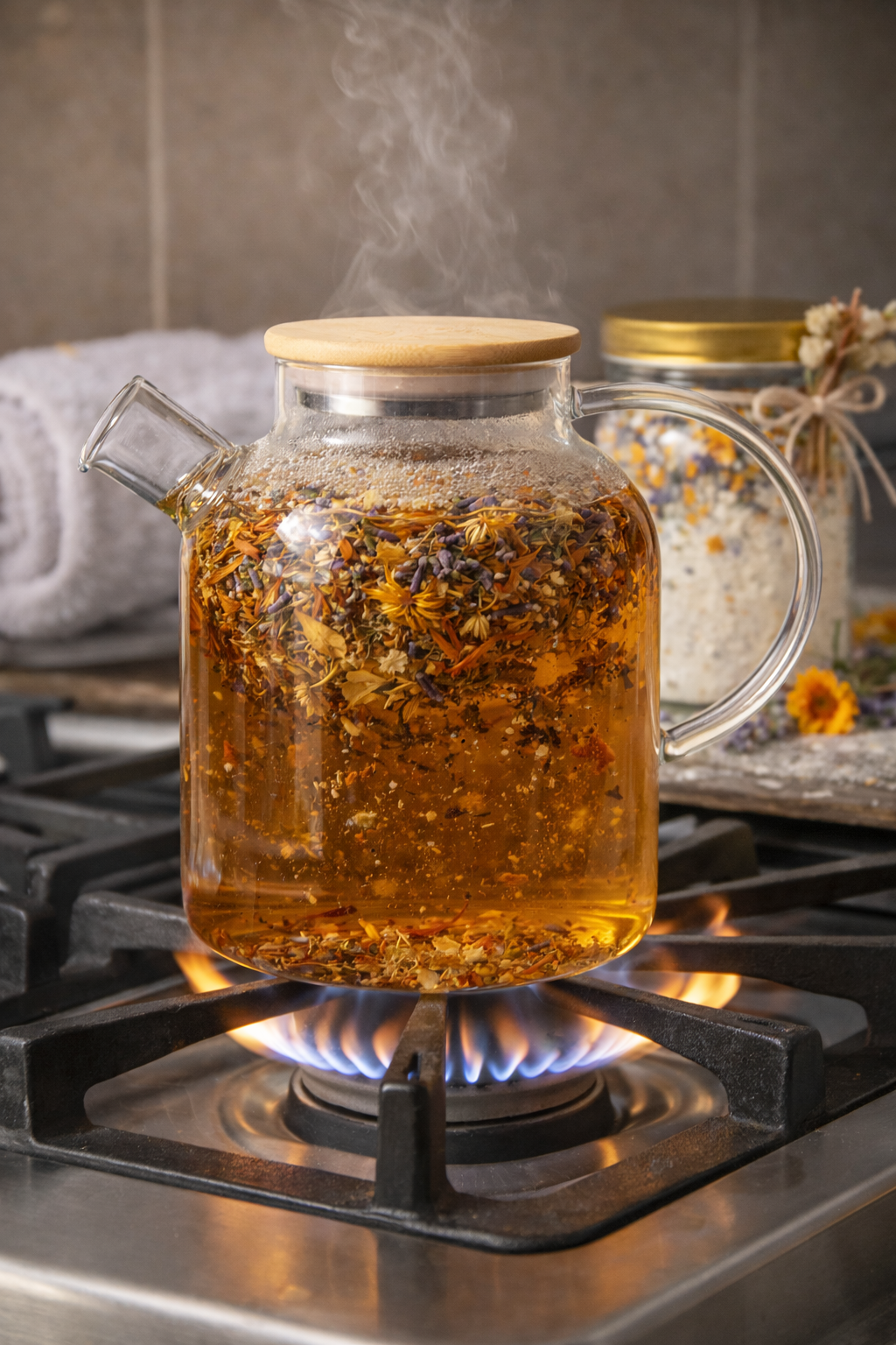 Teapot 50.7 oz with floral loose leaf tea steeping over an open flame on a gas stovetop