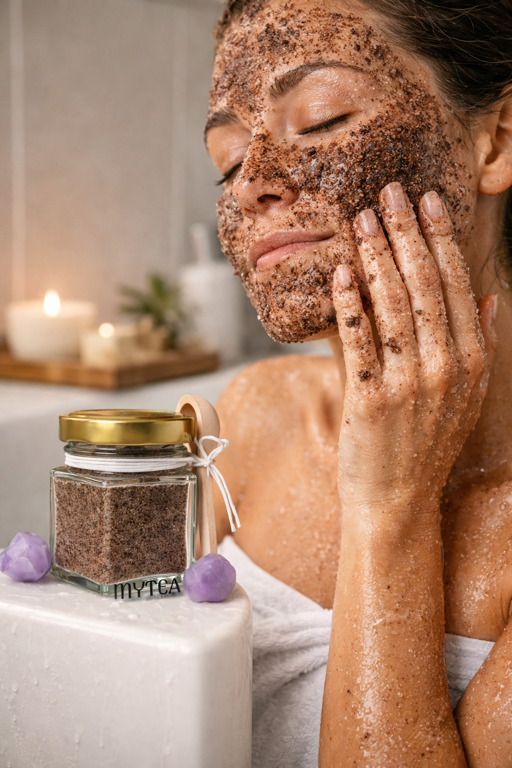 Whole Body Exfoliant coffee and unrefined organic sugar scrub applied to skin, with a jar of scrub