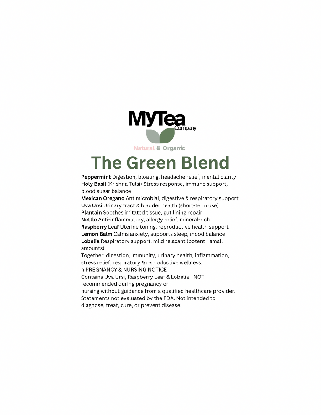 The Green Blend ingredient and wellness guide sheet by MyTea Company