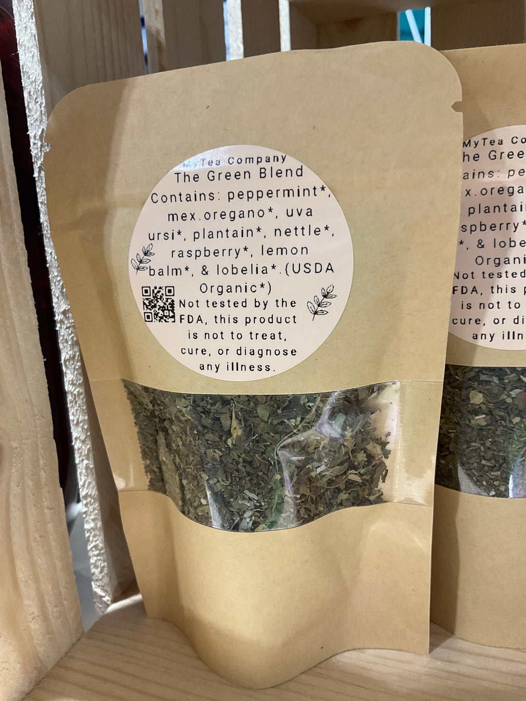 The Green Blend kraft pouch with ingredient label by MyTea Company