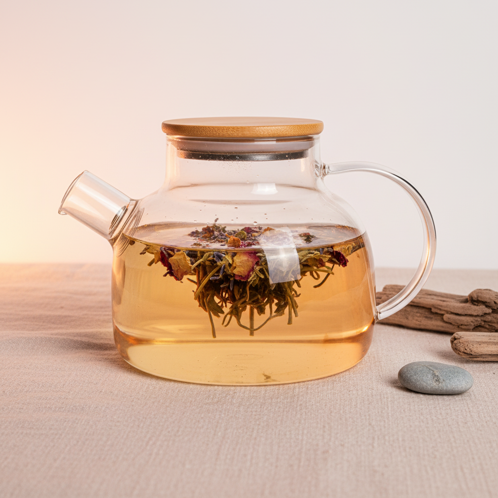 Broslite Glass Teapot 20.3 oz styled with floral loose leaf tea steeping inside