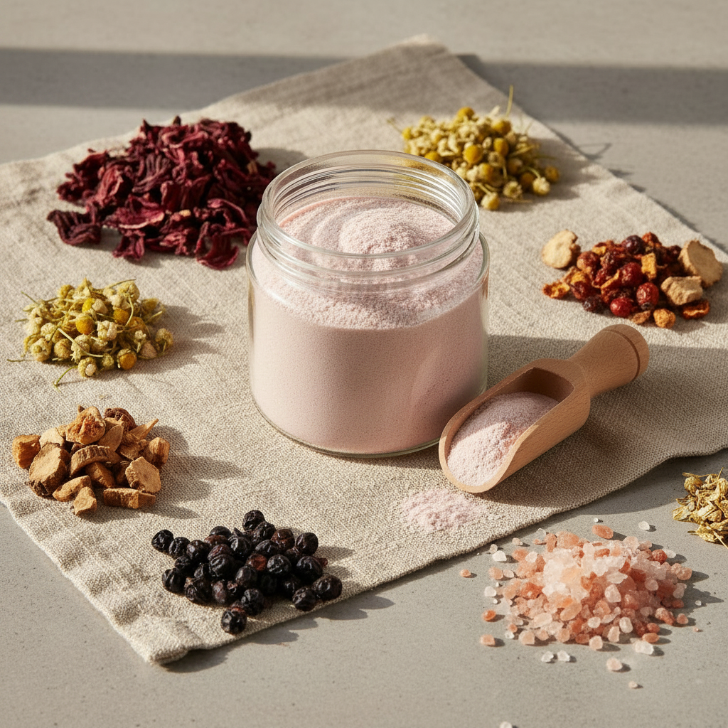 Fine powder-like floral mineral salt exfoliant in a glass jar with hibiscus, chamomile, rosehip, and botanical ingredients