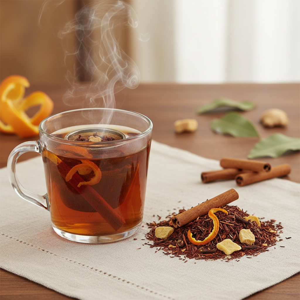 Steaming cup of Citrus Cinnamon rooibos tea beside loose rooibos, orange peel, cinnamon, clove, and ginger