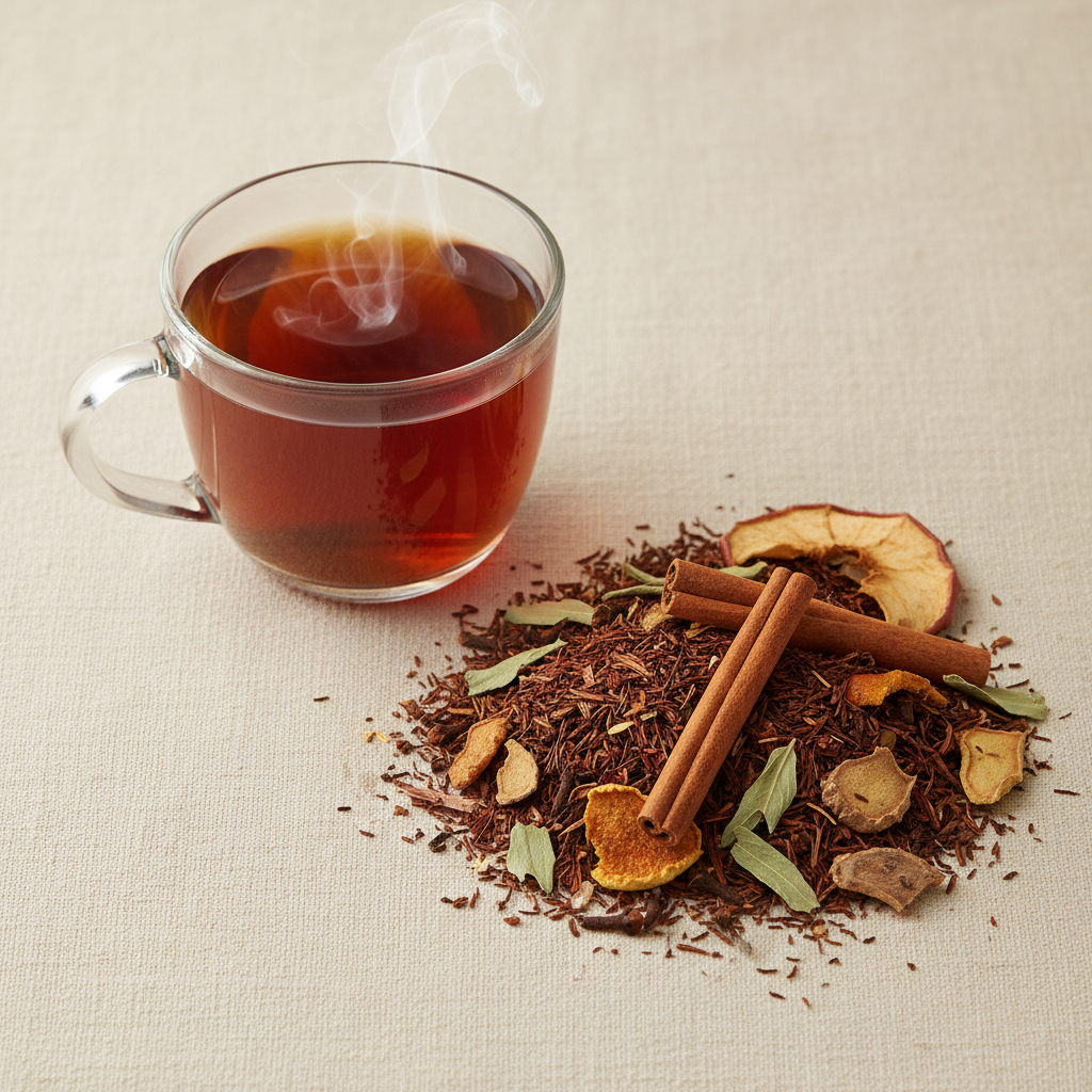 Steeping cup of Fall Spice rooibos tea beside loose rooibos, cinnamon, clove, ginger, dried apple, and orange peel