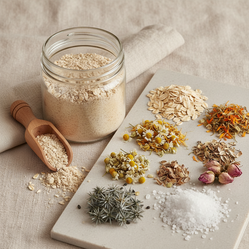 Fine oat-colored powder exfoliant in a glass jar with rolled oats, chamomile, calendula, rosebuds, and Epsom salt