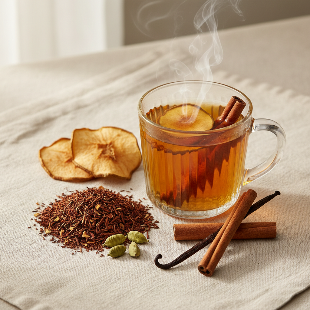 Steaming cup of Pear Spice rooibos tea beside loose rooibos, dried pear, cinnamon, cardamom, and vanilla bean